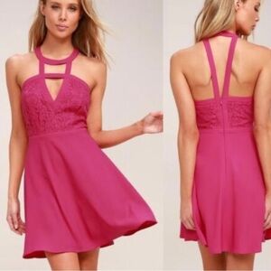Lulu's All My Daydreams Skater Lace Keyhole Hot Pink Mini Dress Size Small (NWT)